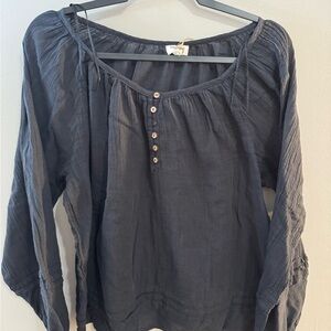 Women's Black Peasant Blouse - Relaxed Button Front
